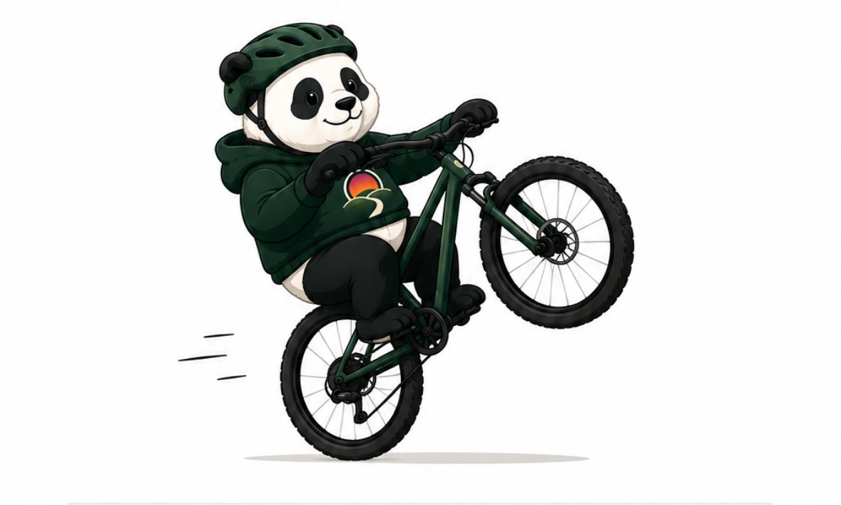 Rhoma the panda, wearing a green helmet and hoodie, riding a mountain bike.
